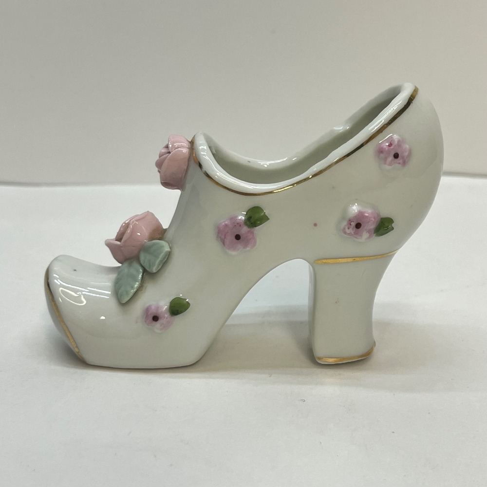 Vintage Porcelain High Heel Shoe Figurine Pink Roses Gold Trim Made in Japan